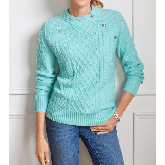 Talbots Sweater Womens Large Coastal Blue Cable Knit Mock Neck Button Detail - Picture 2 of 7